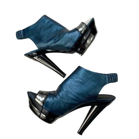 Devi Kroell Blue Silver Metallic Leather Peep Toe Platform Booties 37 / 7 - Picture 5 of 12